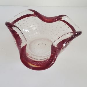 Pinched Glass Art Ashtray bowl Controlled Bubbles Ruffle Ruby Edge Bullicante